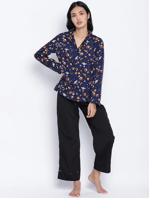 Urbanic Black Fuzzy Women Nightwear Piping Details Pajama