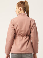 Women Dusty Pink Solid Detachable Hood Parka Jacket