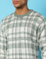 Campus Sutra Mens Green & Grey Checked Sweater Regular Fit For Casual Wear | Round Neck | Full Sleeves | Stylish Sweater Crafted With Comfort Fit & High Performance For Everyday Wear