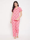 Clovia Butterfly Button Me Up Shirt & Pyjama in Peach Pink - 100% Cotton