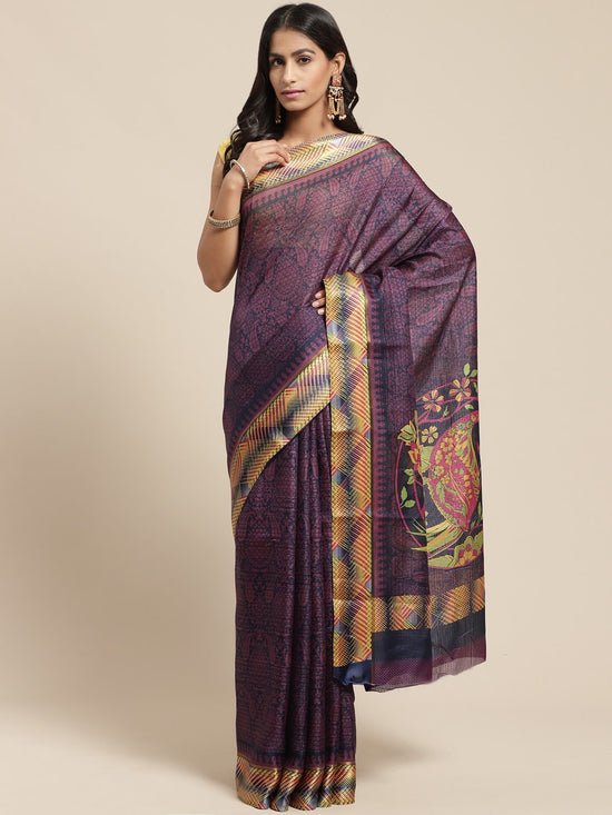 Purple & Blue Printed Cotton Blend Saree