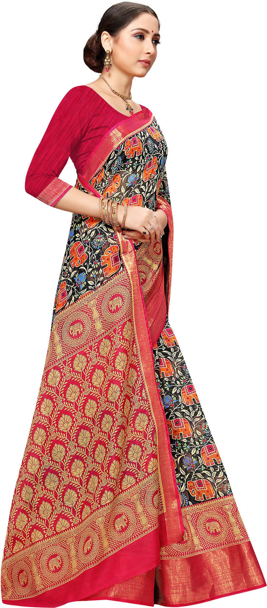 Pink & Black Printed Art Silk Saree