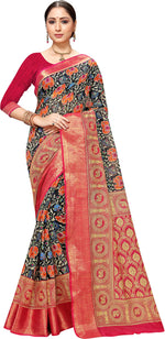 Pink & Black Printed Art Silk Saree