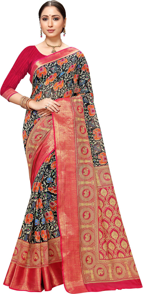 Pink & Black Printed Art Silk Saree