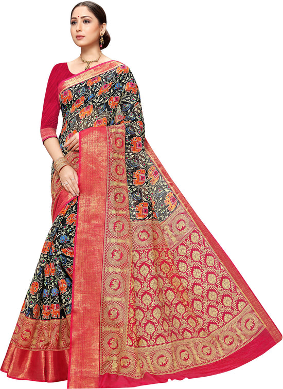 Pink & Black Printed Art Silk Saree