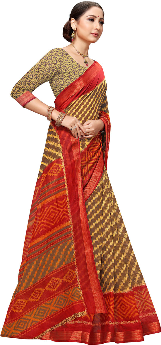 Red & Brown Printed Art Silk Saree