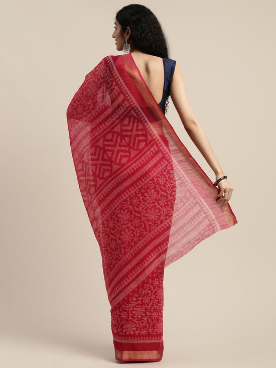 Red & White Printed Art Silk Saree