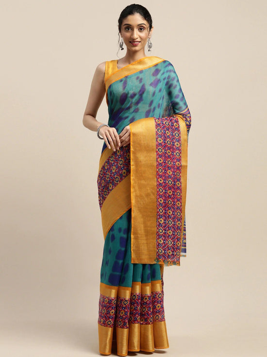 Blue & Yellow Printed Art Silk Saree