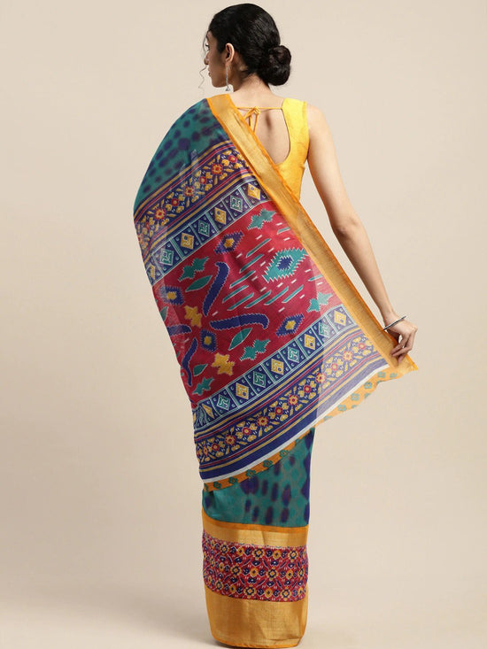 Blue & Yellow Printed Art Silk Saree