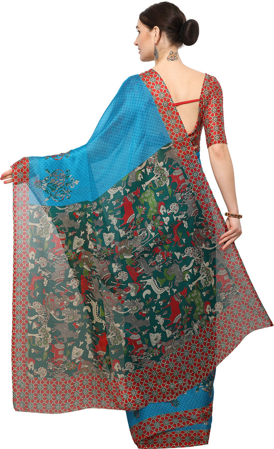 Blue Printed Chiffon Saree