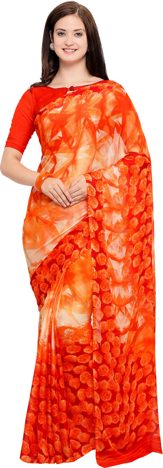 Orange Floral Print Chiffon Saree