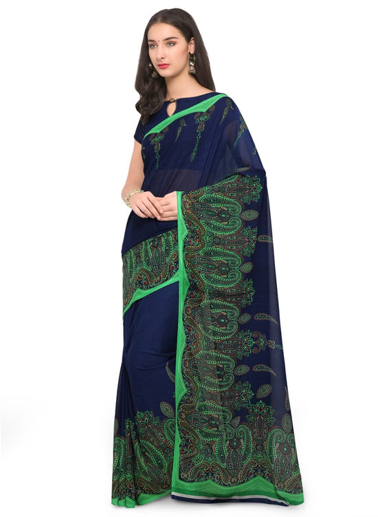 Blue Printed Cotton Blend Saree