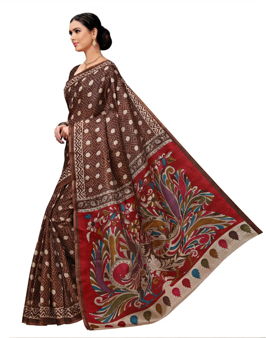 Brown Printed Silk Blend Saree