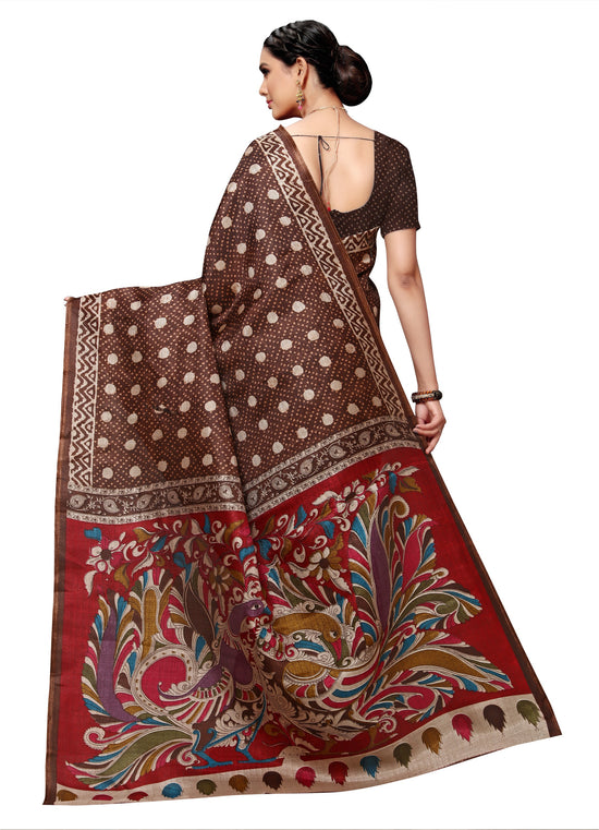 Brown Printed Silk Blend Saree