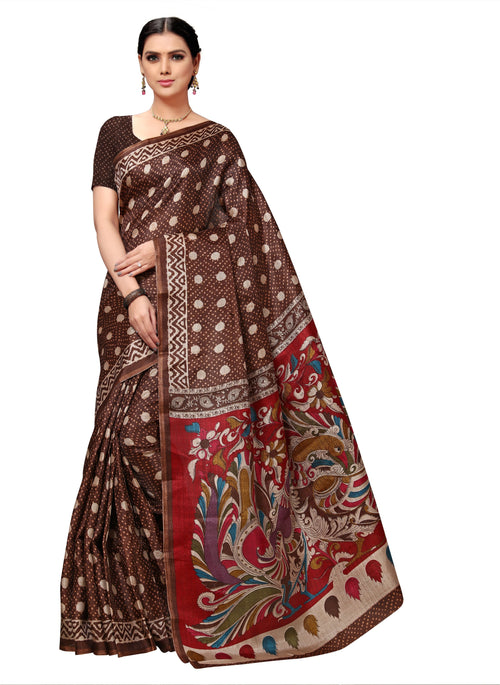 Brown Printed Silk Blend Saree