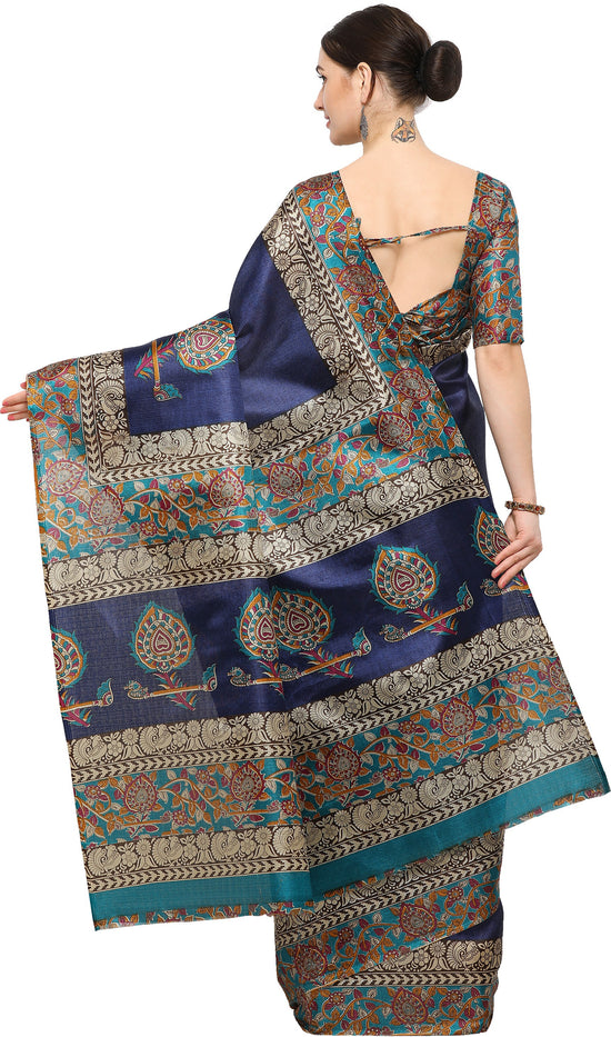 Blue Printed Silk Blend Saree