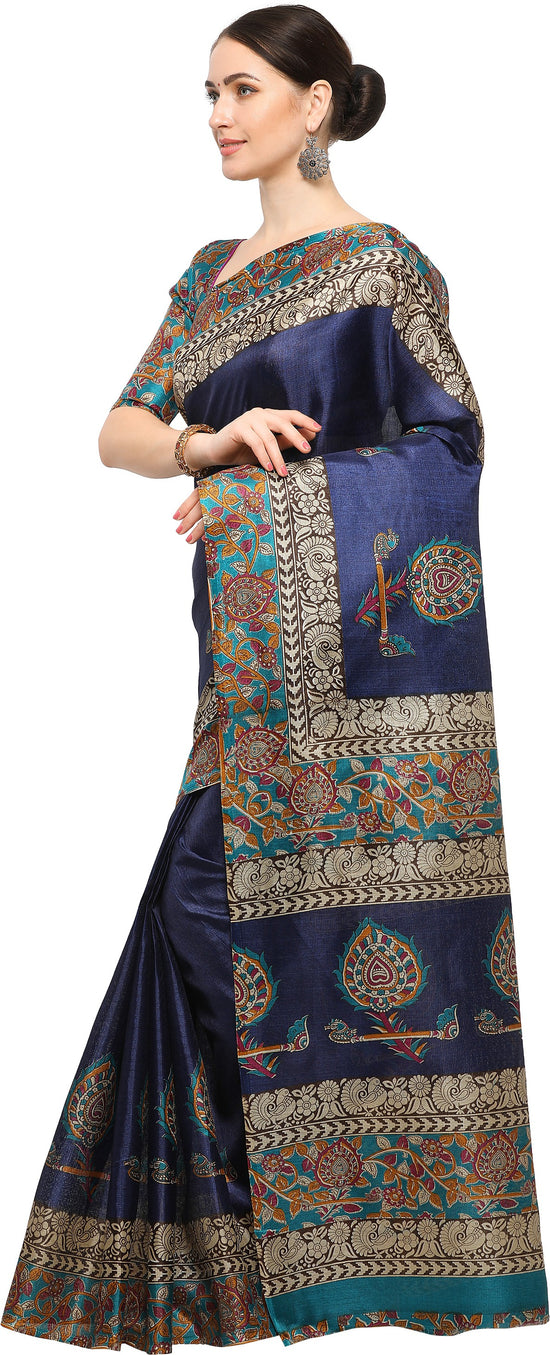 Blue Printed Silk Blend Saree