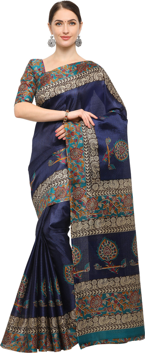 Blue Printed Silk Blend Saree