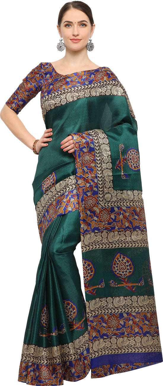 Green Printed Silk Blend Saree