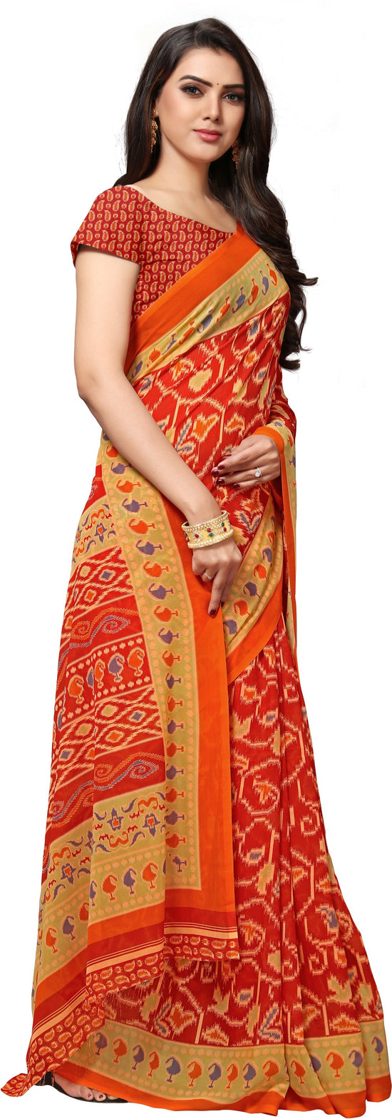 Orange Printed Georgette Saree