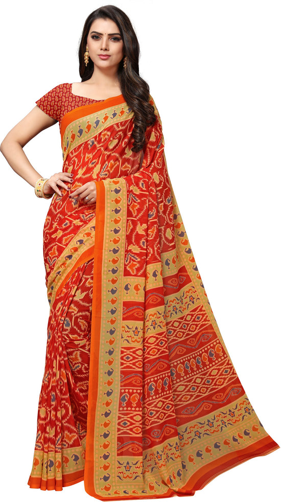 Orange Printed Georgette Saree