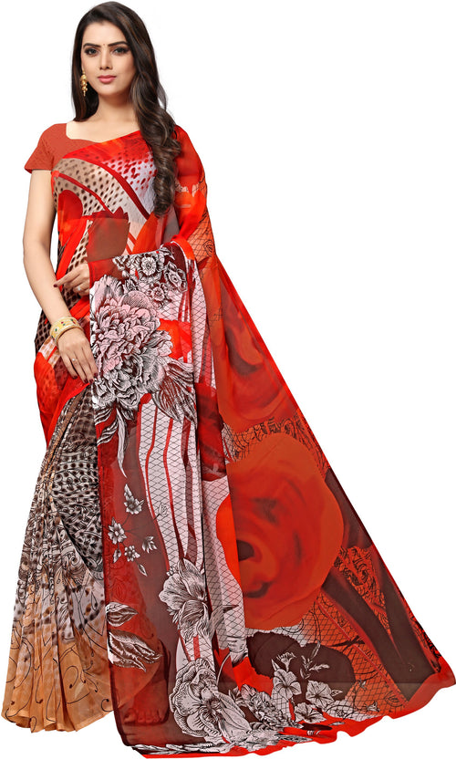 Red Printed Georgette Saree