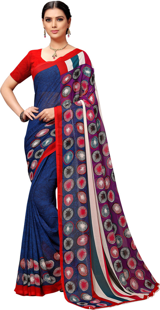 Dark Blue Printed Georgette Saree