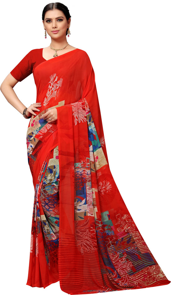 Red Printed Georgette Saree