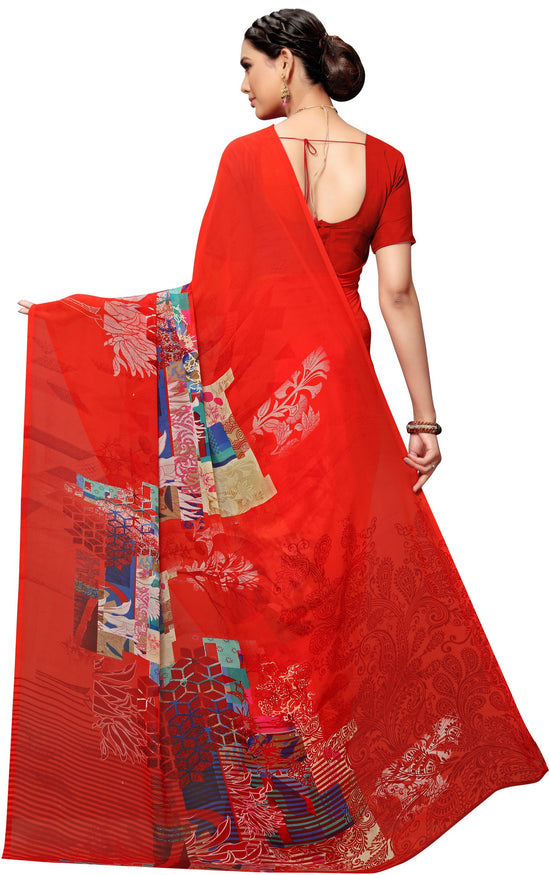 Red Printed Georgette Saree