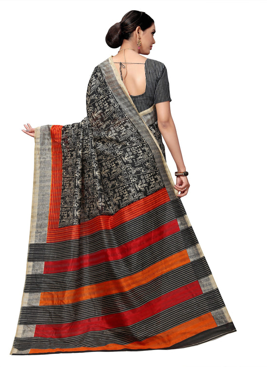 Black Printed Tussar Silk Saree