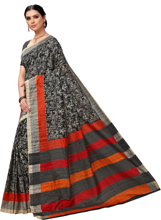 Black Printed Tussar Silk Saree