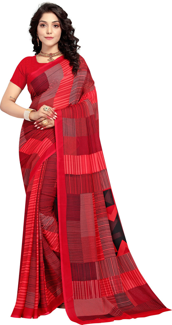 Red Printed Georgette Saree