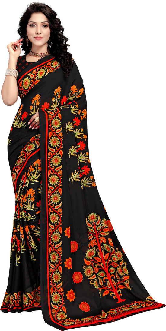 Black Printed Georgette Saree