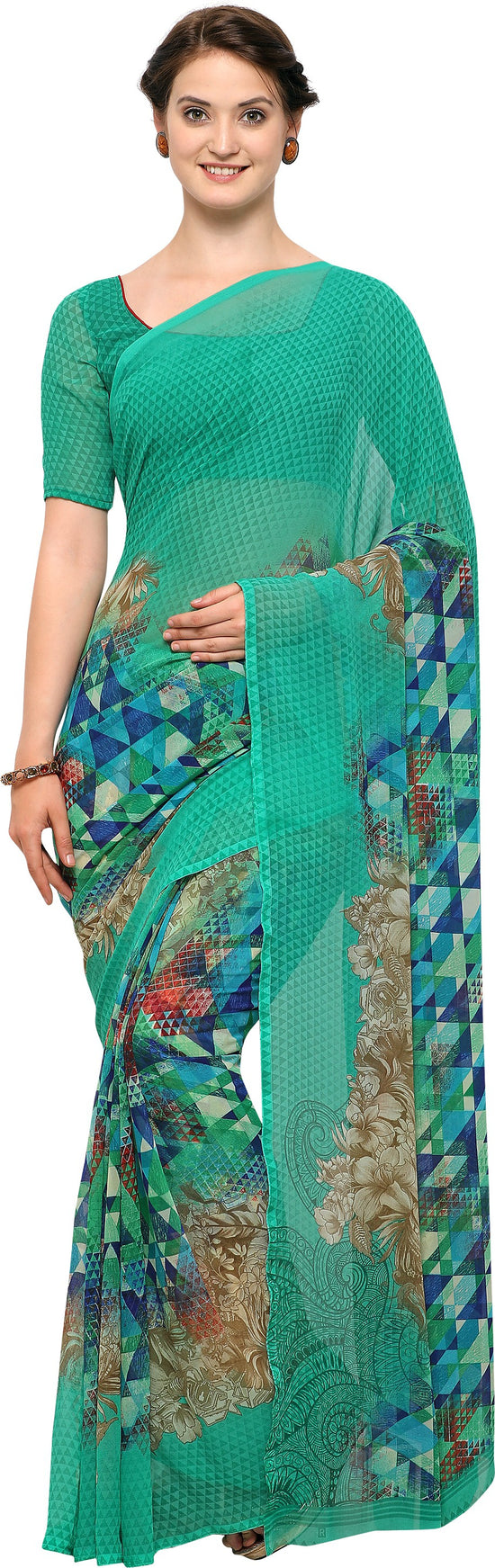 Green Printed Georgette Saree