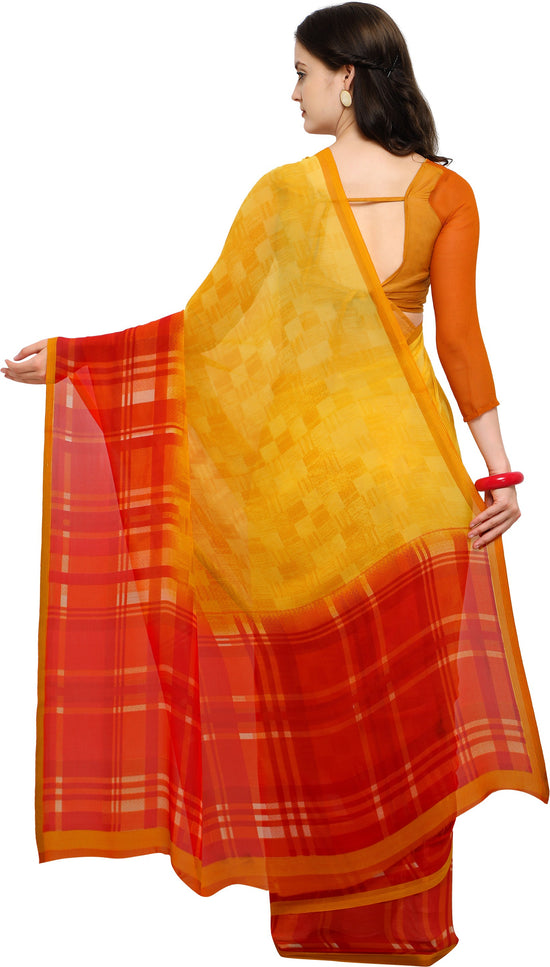 Yellow Checkered Georgette Saree