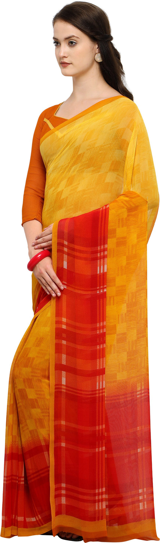 Yellow Checkered Georgette Saree