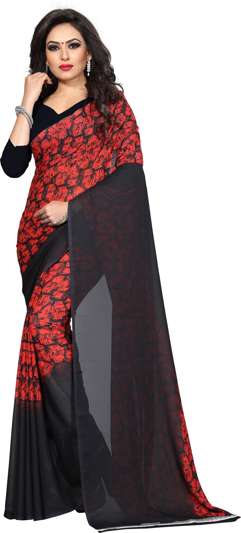 Red Printed Polyester Saree