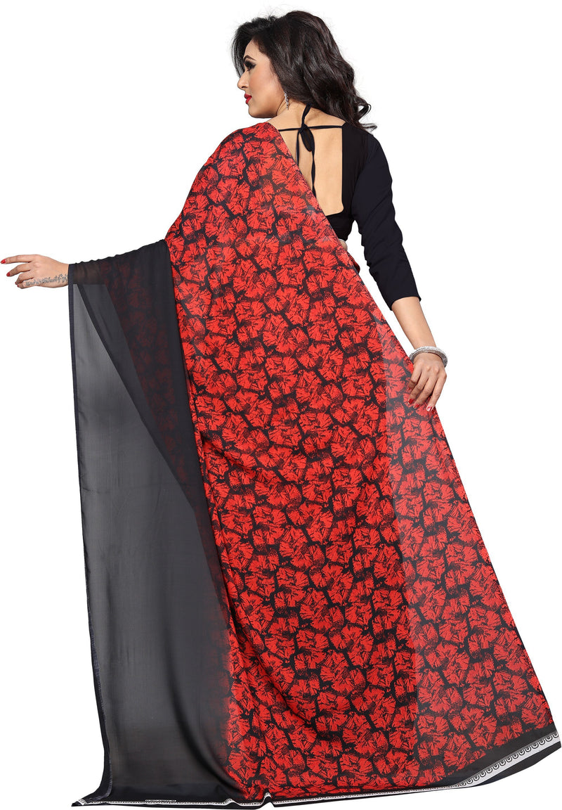 Red Printed Polyester Saree