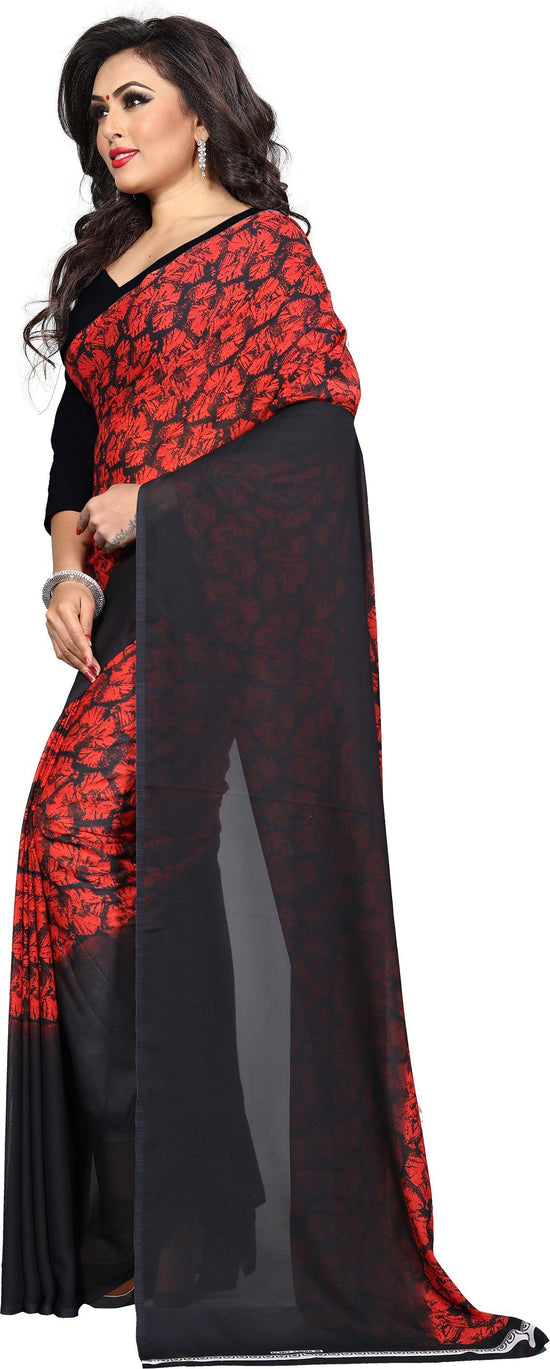 Red Printed Polyester Saree