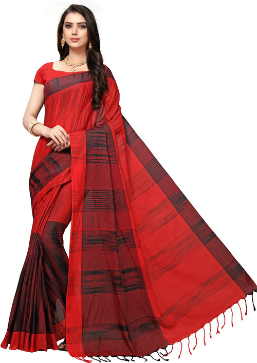 Red Woven Cotton Blend Saree