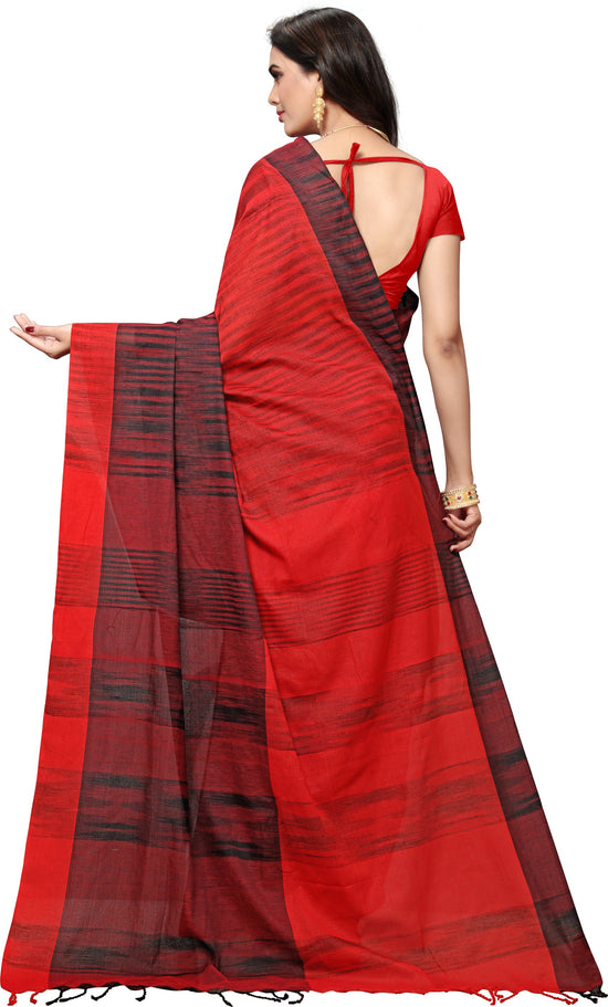 Red Woven Cotton Blend Saree