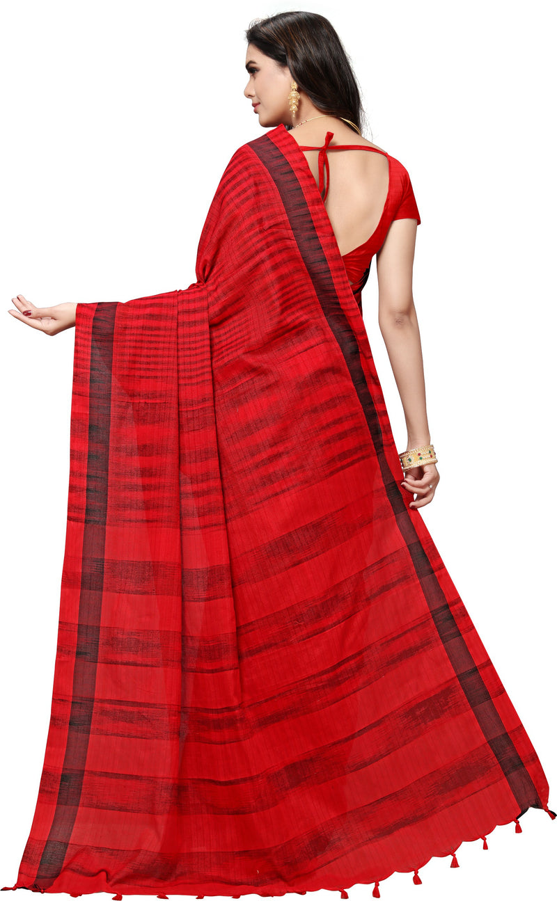 Red Striped Cotton Blend Saree