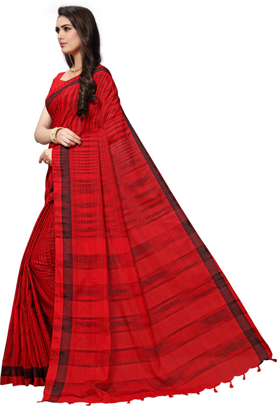 Red Striped Cotton Blend Saree