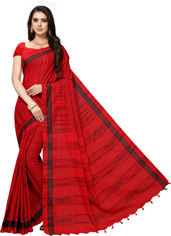 Red Striped Cotton Blend Saree