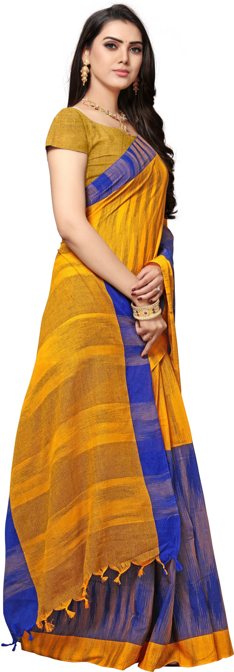 Yellow Woven Cotton Blend Saree