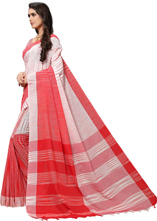 Red Woven Cotton Blend Saree