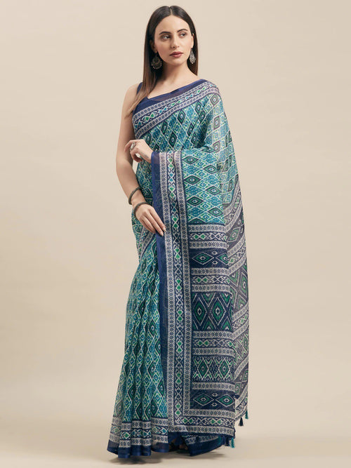 Blue Printed Art Silk Saree