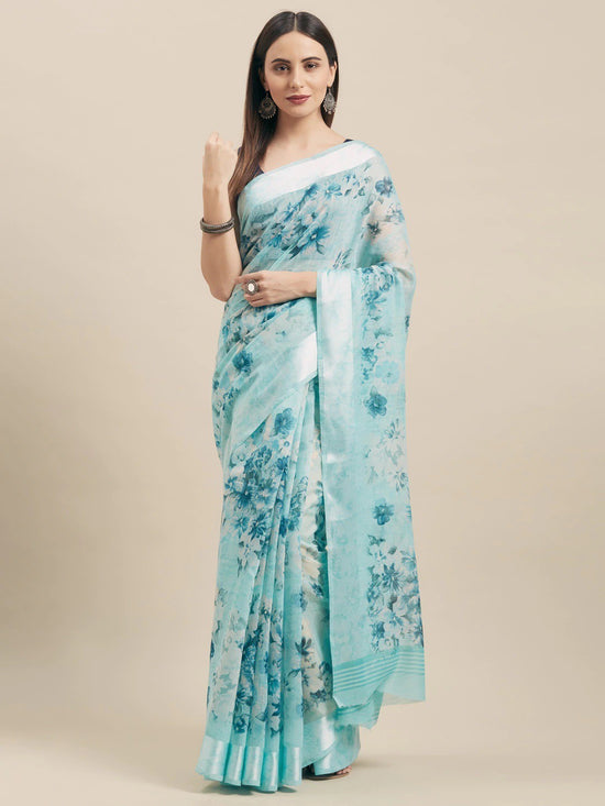 Green Printed Cotton Blend Saree