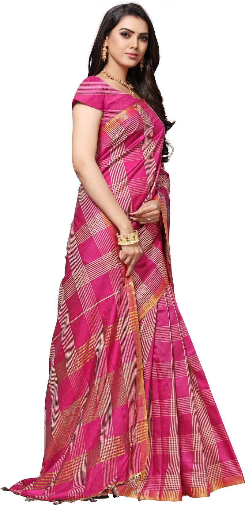 Majenta Pink Cotton Printed Stripped Saree – Zari Banaras