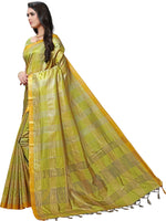 Yellow Checkered Silk Blend Saree